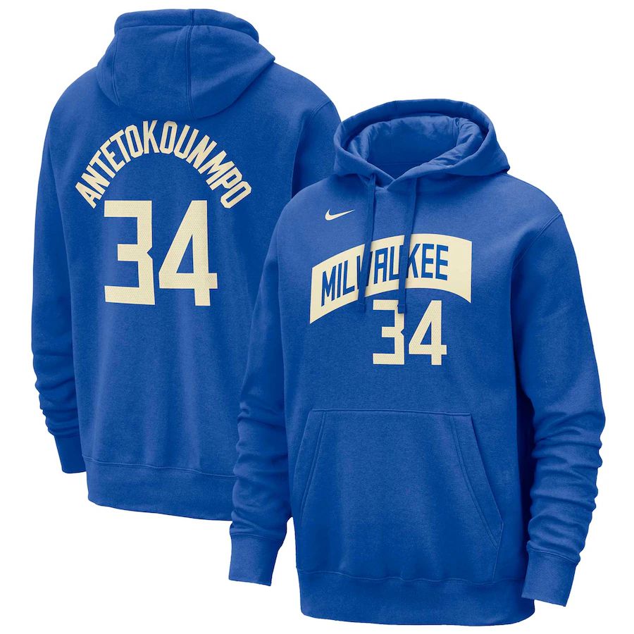 Men Milwaukee Bucks 34 Antetokounmpo Blue Nike Season city version Sweatshirts 23-24 NBA Jersey